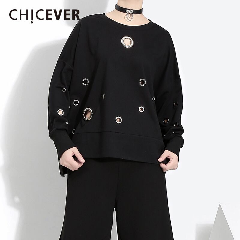 CHICEVER春の黒のプルオーバースウェットシャツ女性トップメタルリング長袖ルーズビッグサイズのスウェットシャツ服2020 ロング ブラック スプリング 春物 指輪 6base514613008572