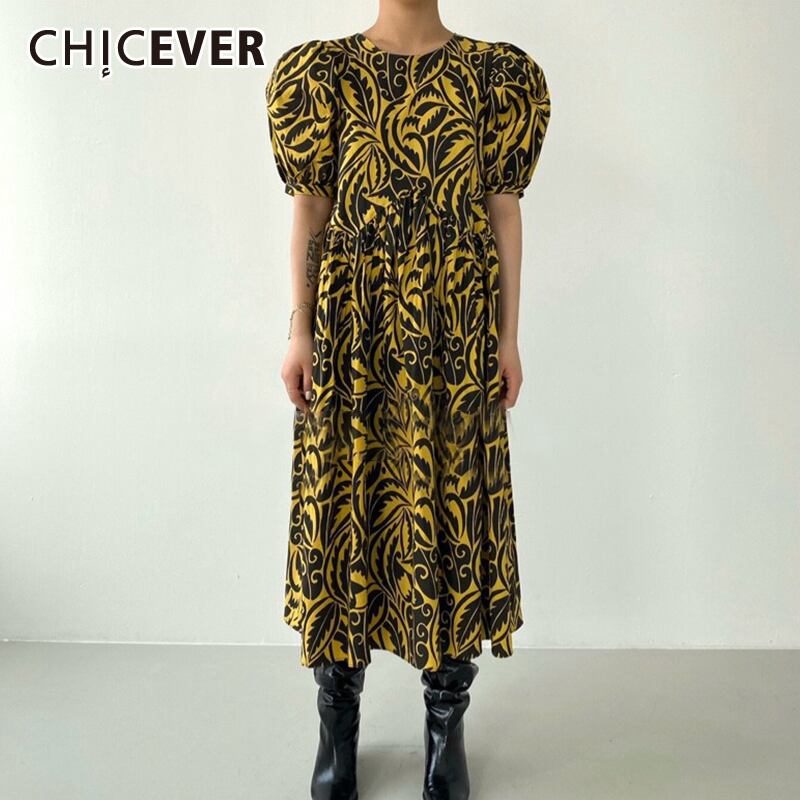 CHICEVERヴィンテージプリントヒットカラーレディースドレスOネックパフ半袖ウエストミディドレス2020服 ショート ハーフスリーブ ビンテージ 6base592478222273