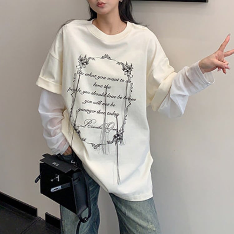 長袖 クルーネック グラフィック Tシャツ L60040