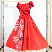 フラダンス 衣装 ALOHA STANDARDS アロハスタンダード ツーピース セットアップ 上下セット レッド系 日本製 ベロア 光沢 ハイビスカス柄 かわいい 華やか 鮮やか 明るい ハワイアン アロハ ハワイアンプリント フラ ダンス レッスン 練習