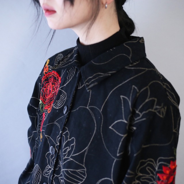 "花×刺繍"  beautiful pattern box silhouette cotton jacket