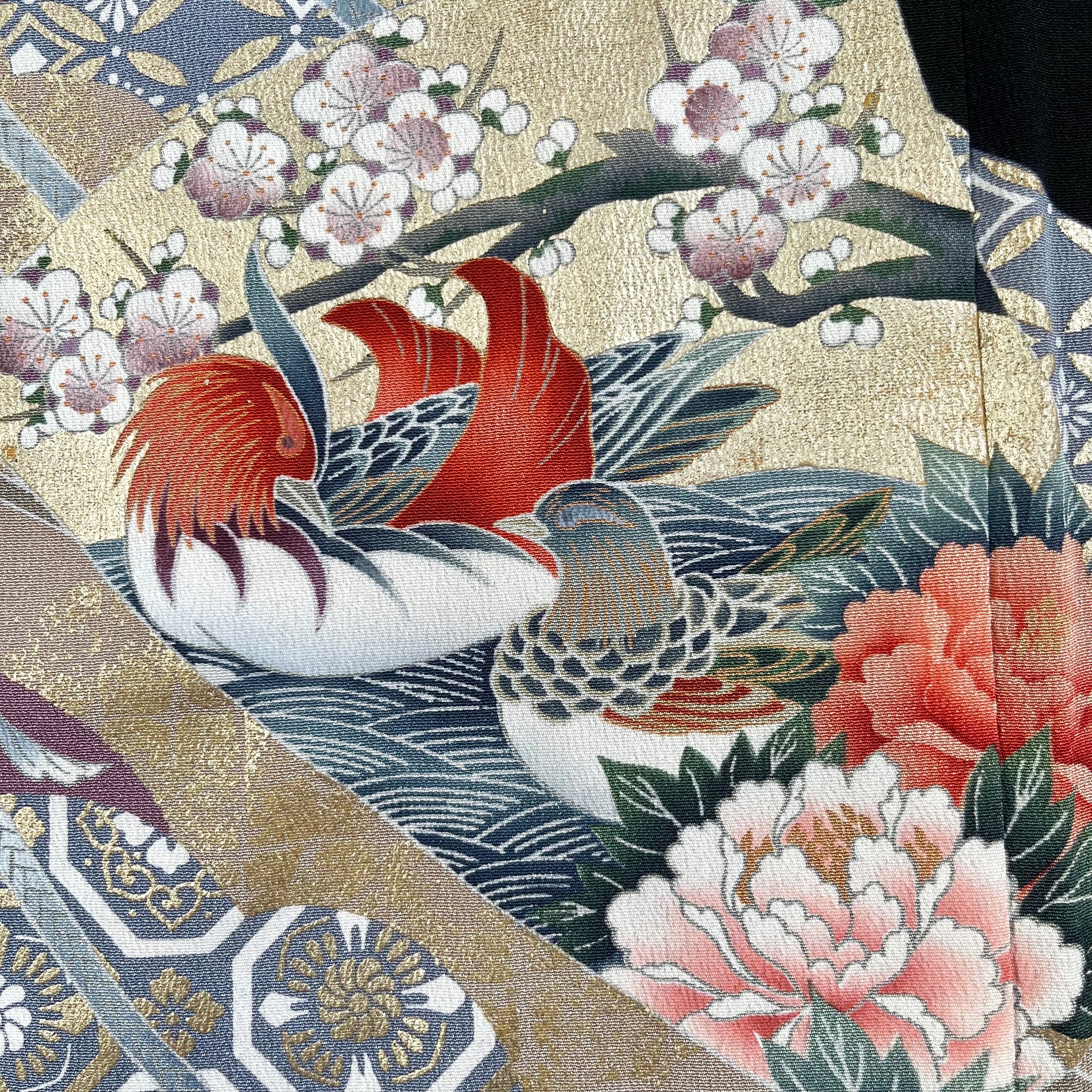 11493】 着物リメイク 留袖 ロングコート 扇に花鳥模様 鴛鴦 鶴 牡丹