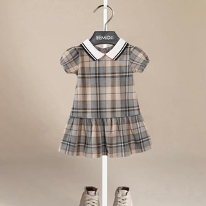 【80-120cm】ライン襟チェック柄半袖ワンピース