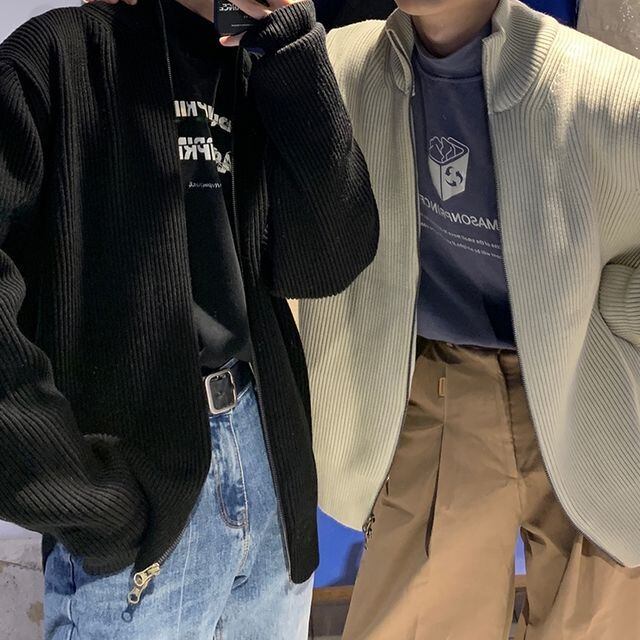 【予約販売】カーディガン ニット メンズ アウター ジップアップ 無地 ブラック ベージュ カジュアル シック 総柄 男前 こなれ感 お洒落 韓国 トレンド 秋 冬 M/L/XL/2XL/3XL