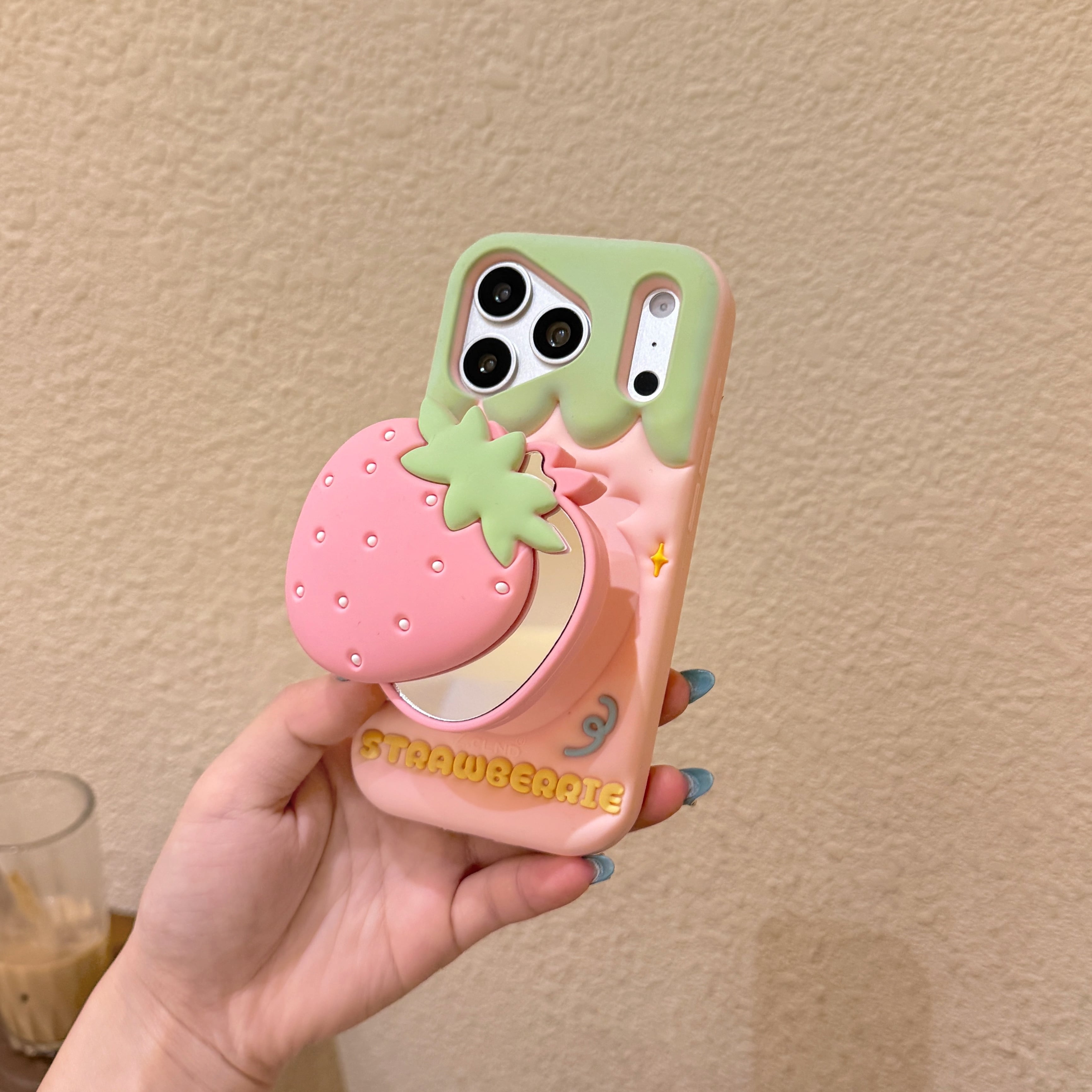<Rian bagus いちご>STONE ガーメントケース ミラー付き イチゴ iPhone 17 16 ケース 可愛い いちご シリコン