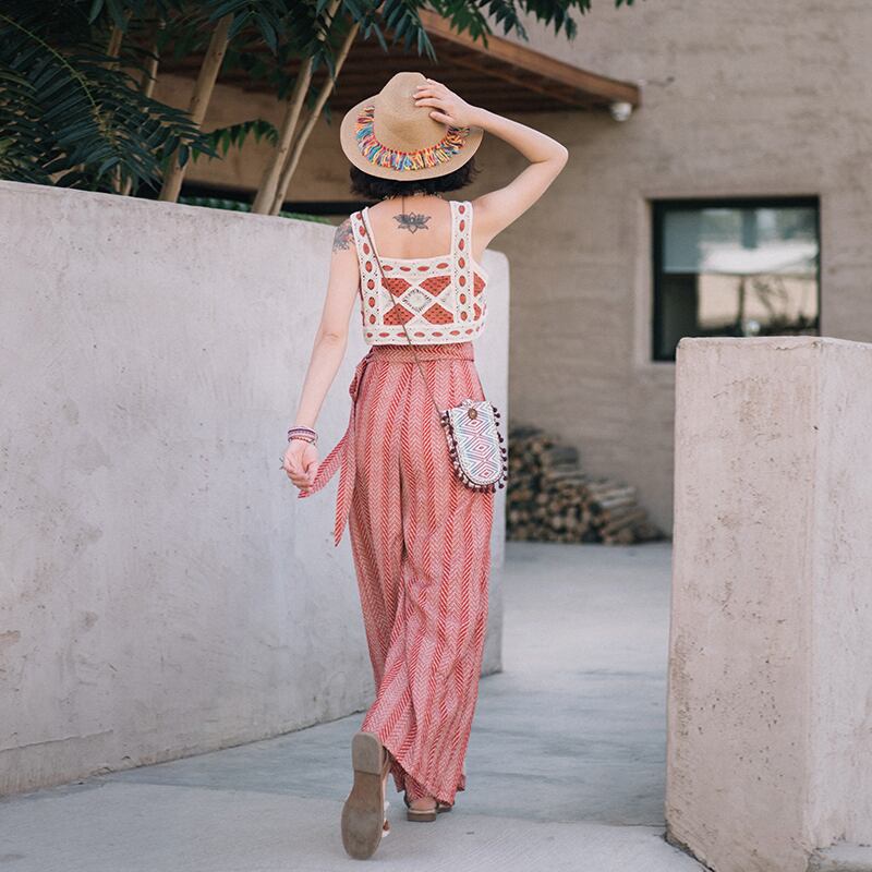 エスニックスタイルのパンツルーズシフォンワイドレッグパンツハイウエストドレープビーチパンツホリデースタイルエレガントカジュアルパンツ薄い夏 ドリームホーストラベル婦人服83718750915