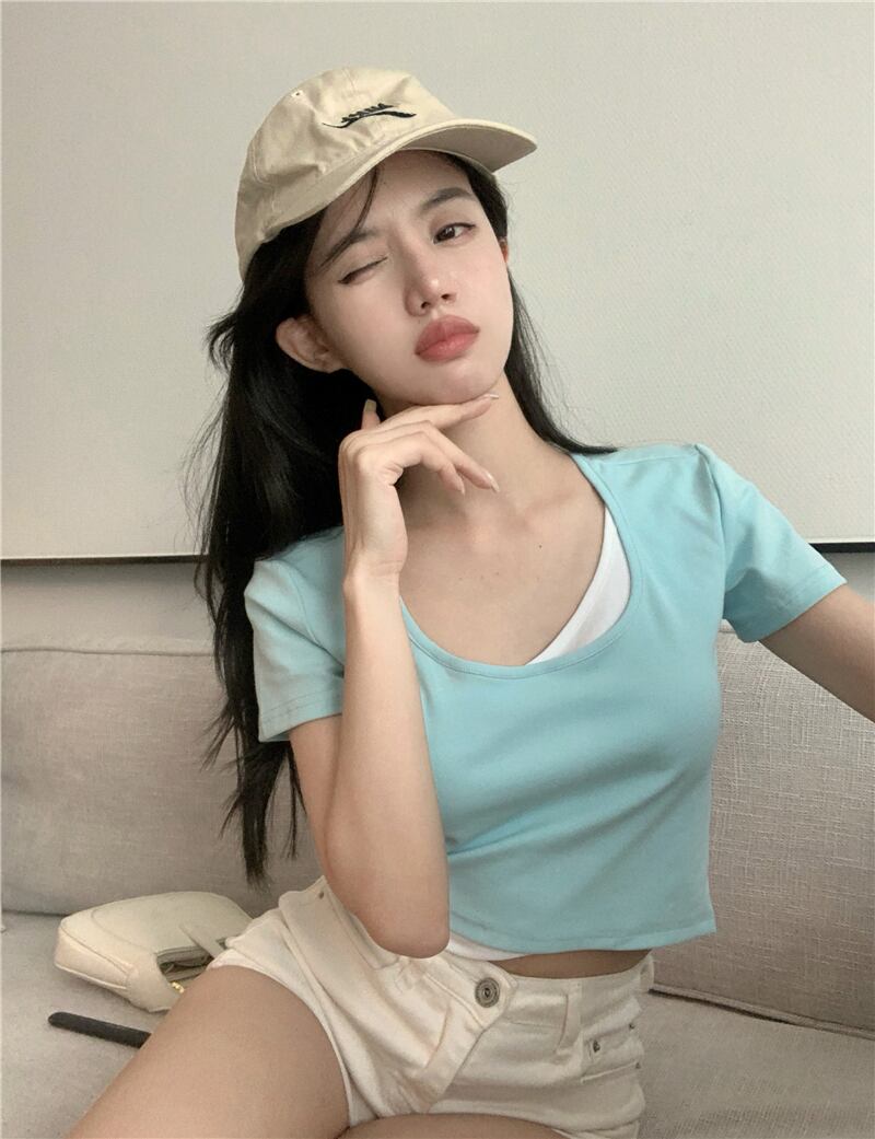 ショートTシャツ サマーハイウェストウェストストラップレススリムトップス 夏物 ブラックストロベリース81141853769