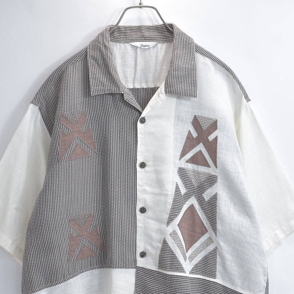 80~90s Moare モアレ パッチワーク 幾何学模様 刺繍 ストライプ アシンメトリー デザイン 半袖シャツ ジャパンヴィンテージ ビンテージ 古着 メンズXL相当