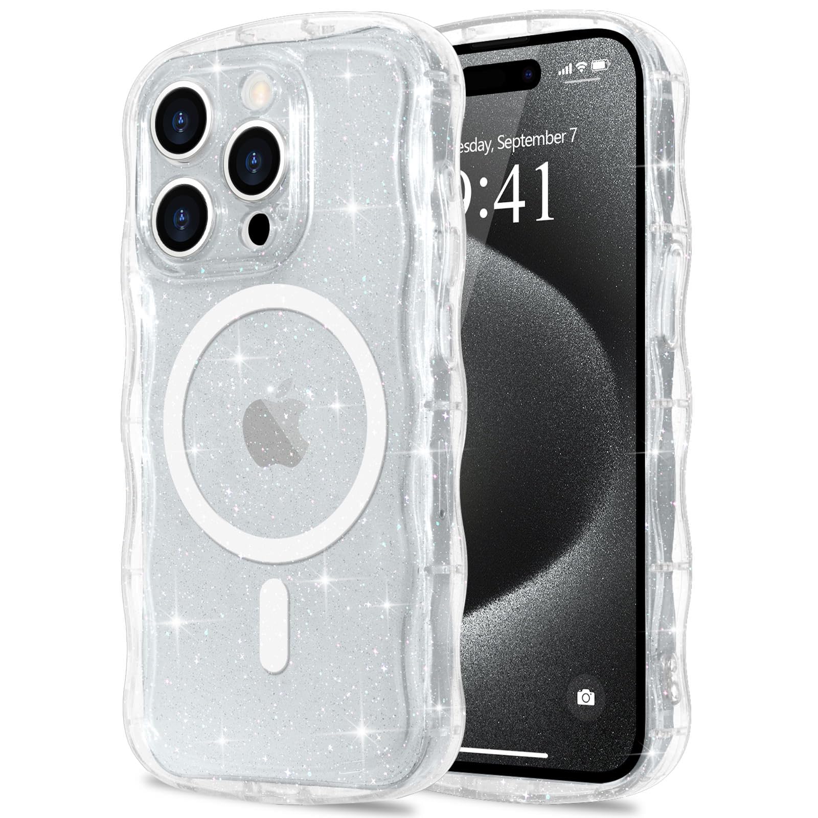 Pepmune iPhone 15 Pro用 ケース MagSafe対応 キラキラ ラメ ウェーブ かわいい 半透明 カバー(クリア)