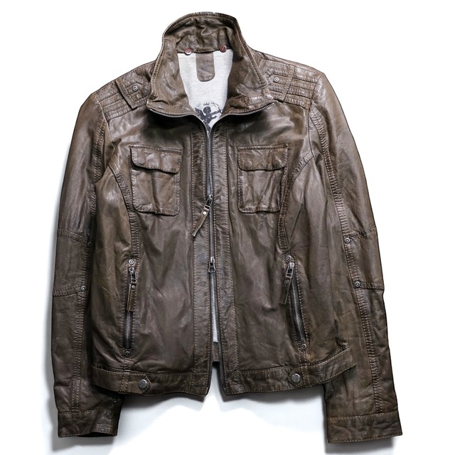 Vintage double zip coating leather short jacket "KHAKI"