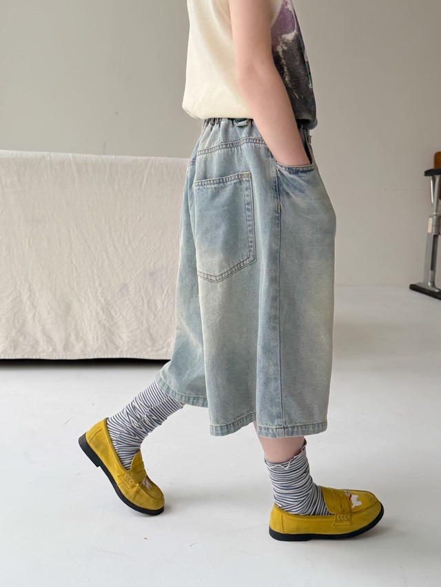【KID】ウォッシュ加工ゆったりワイドデニムハーフパンツ - 10