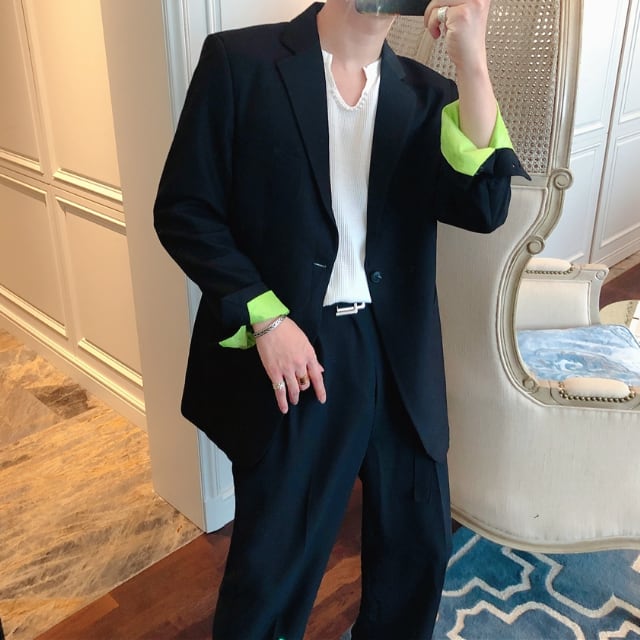 【予約販売】ジャケット 無地 個性的 差し色 メンズ 袖 折り返し ブラック ホワイト ドレスアップ シック こなれ感 お洒落 韓国 トレンド 秋 冬 S/M/L