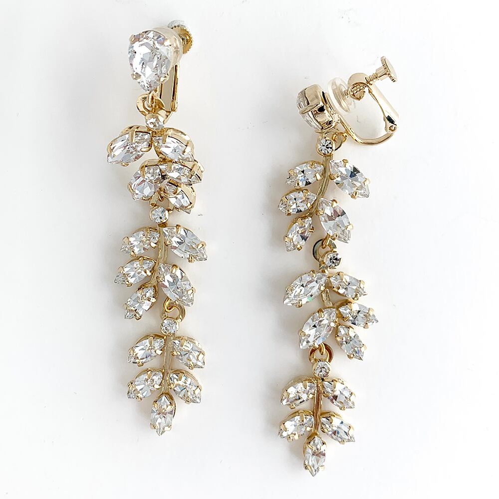 リーフモチーフ・クリスタルロング/イヤリング&ピアス【TER-190-GO】