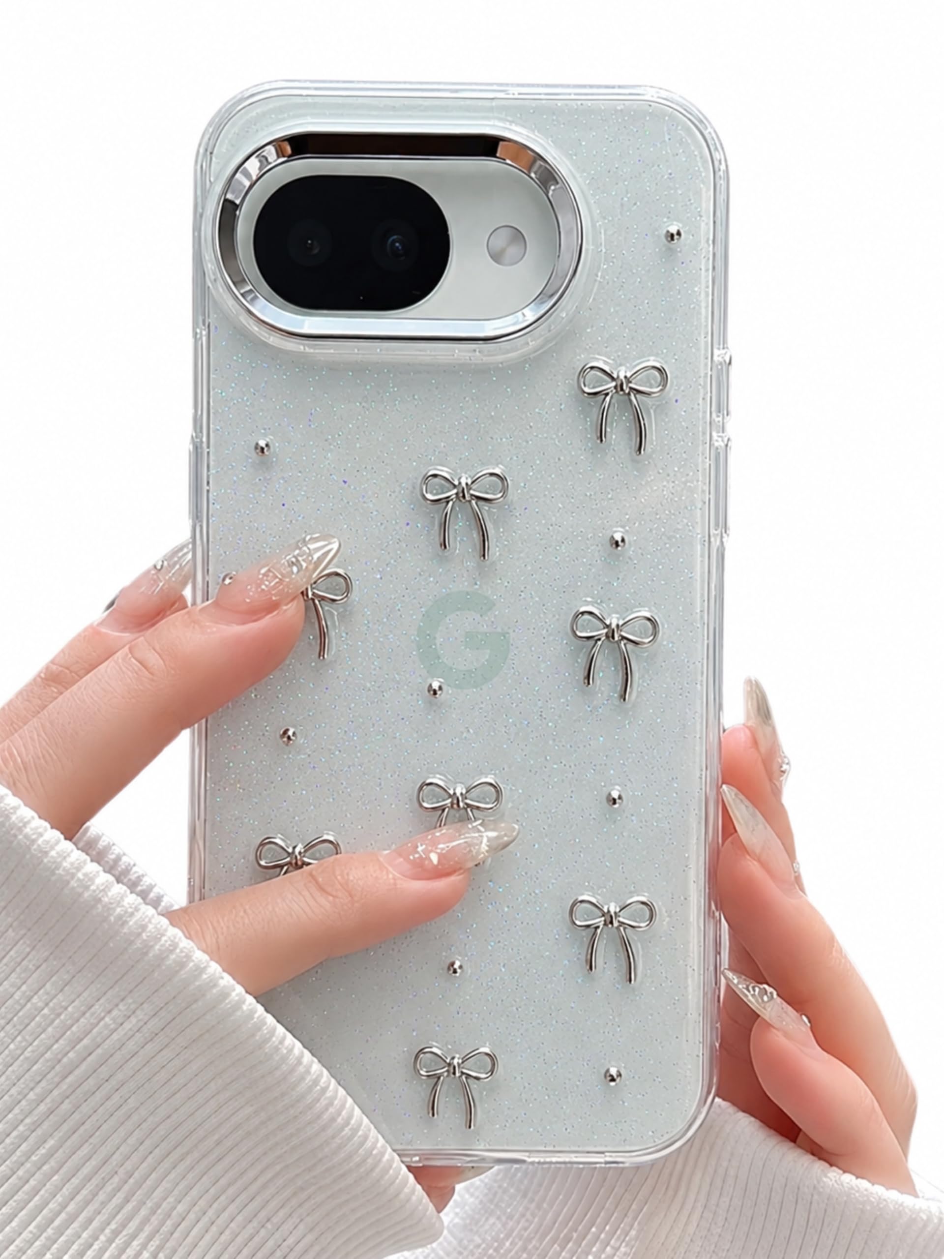 saymi's Google Pixel 10a 用 ケース シルバー ミニリボン 韓国 パウダーラメ シルバーライン