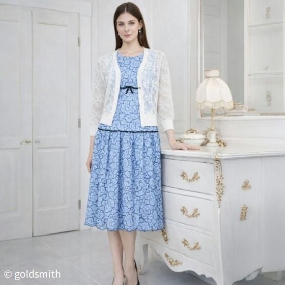 【10%OFFクーポンご利用可】スーパービューティー 半袖ワンピース ライン花レース素材 2616012 大人上品 きれいめ ミセス ブルー 2026年春夏 オーラボー Super Beauty レディース