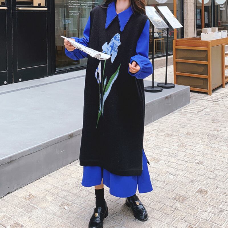 Royal Blue Shirt Dress & Floral Knit Vest Set S0360