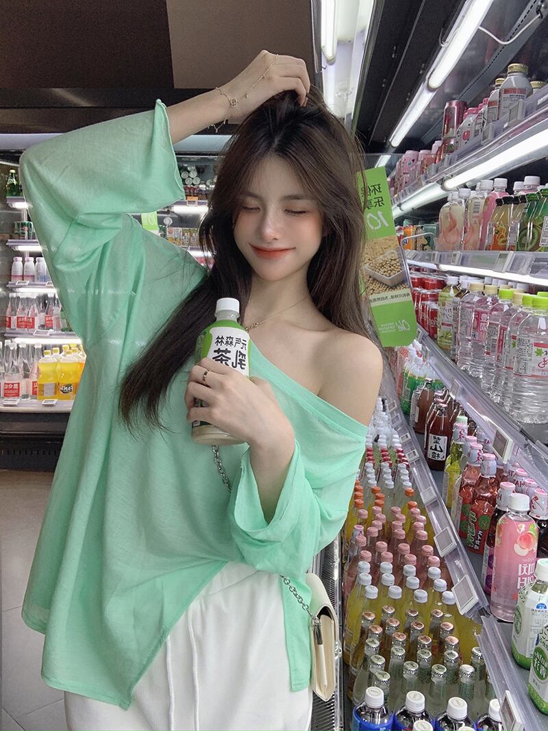 薄手ブラウス Tシャツ サマーカジュアルルーズスリットトップス ロング 夏物 オフショルダー ブラックストロベリース64345076147