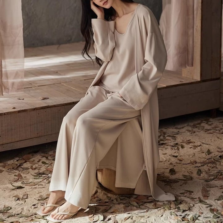 【3piece】【M-XL】camisole+pants+v-neck gown room wear p1589