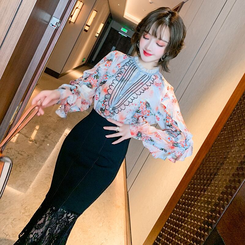 レースカラースタンダードプリントシャツ スプリング レトロ 春物 ステッチ MIUCO45549210384