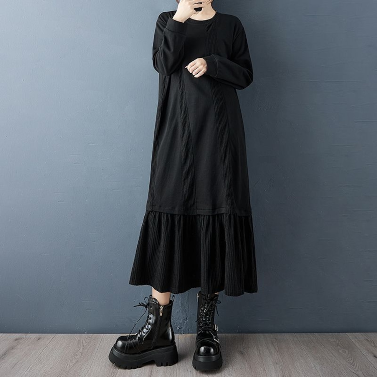クルーネック プリーツ ロングワンピース 60026