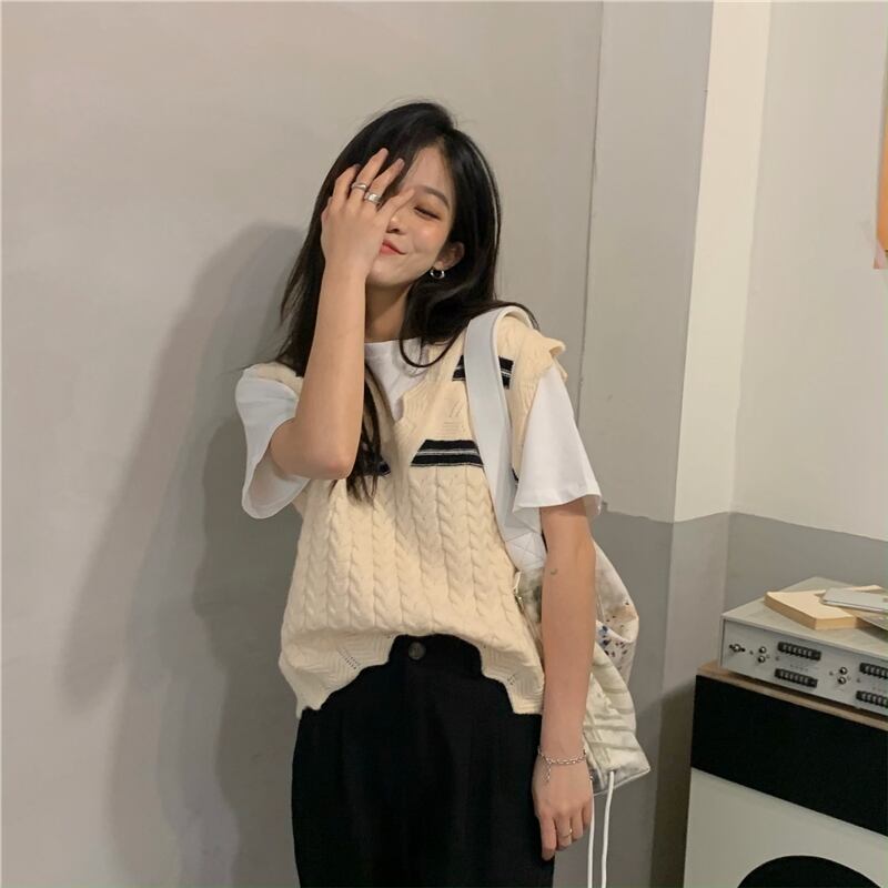 セーター ルーズストライプスタイルノースリーブジャケット スプリングニット 春物 ブラックストロベリース45453591564