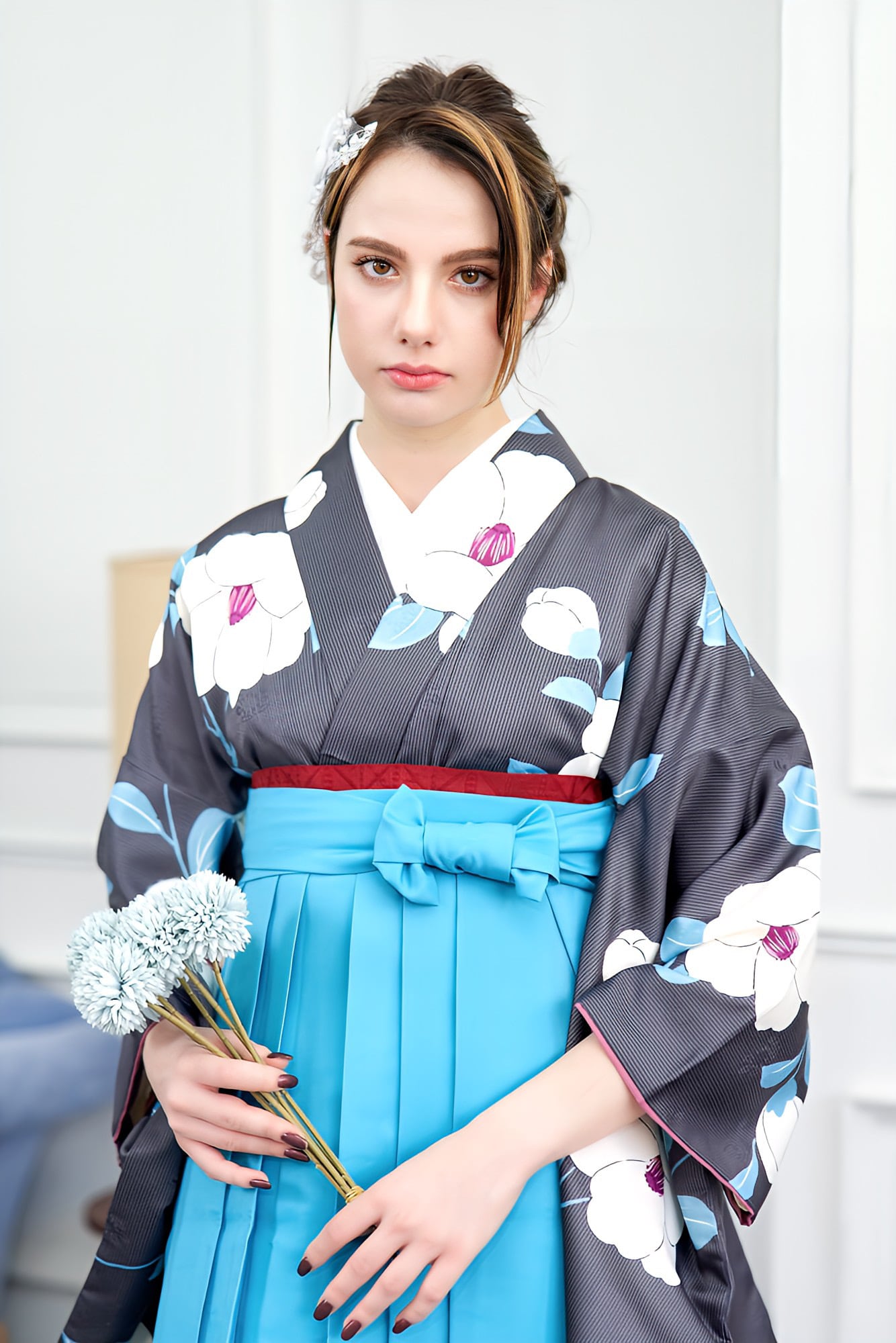 Kimono Sienne 卒業式袴3点セット 黒系 細ストライプに椿 袴 二尺袖着物 袴 卒業式 | Kimono Sienne