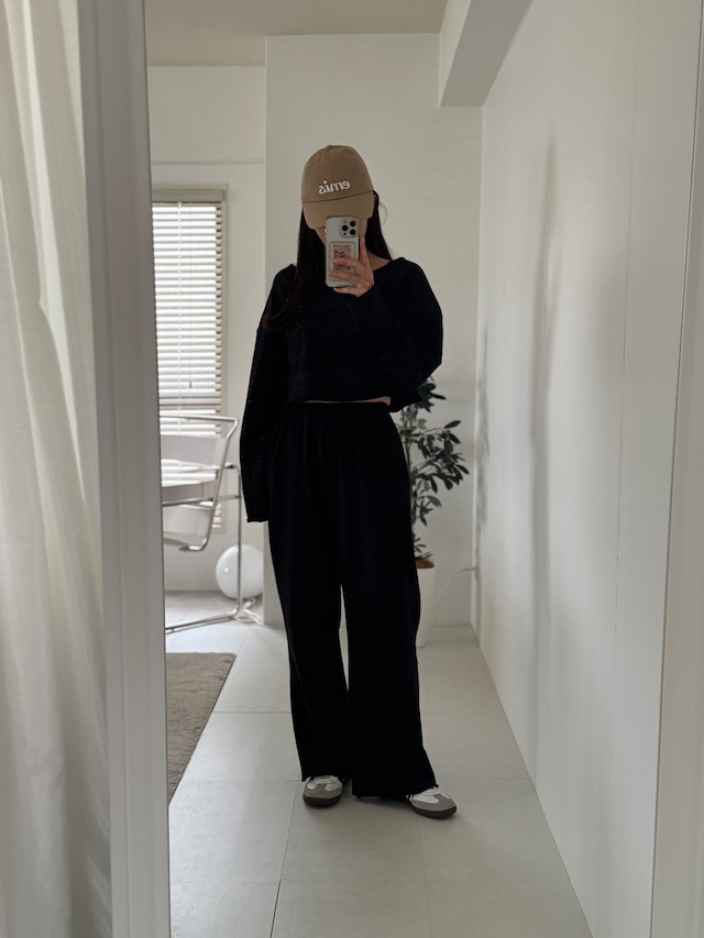 (即納) afarrier / Off shoulder knit mtm pants set (gray)