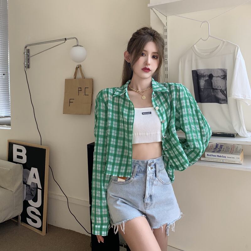 格子柄シャツ ショートルーズジャケット サマースタイル薄手トップス ロング 夏物 ブラックストロベリース52982376024