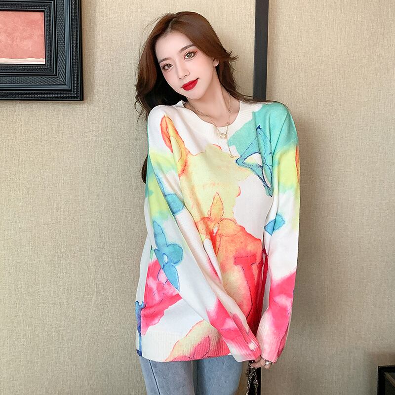 オータムウィンタールーズプリントラウンドネックセーター ニットトップス ロング 秋物 冬物 Oネック ドラファッションホール64686968570