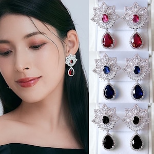 キュービックジルコニア ブライダルイヤリング&ピアス ジネット|ウェディングアクセサリー ネイビー レッド ブラック