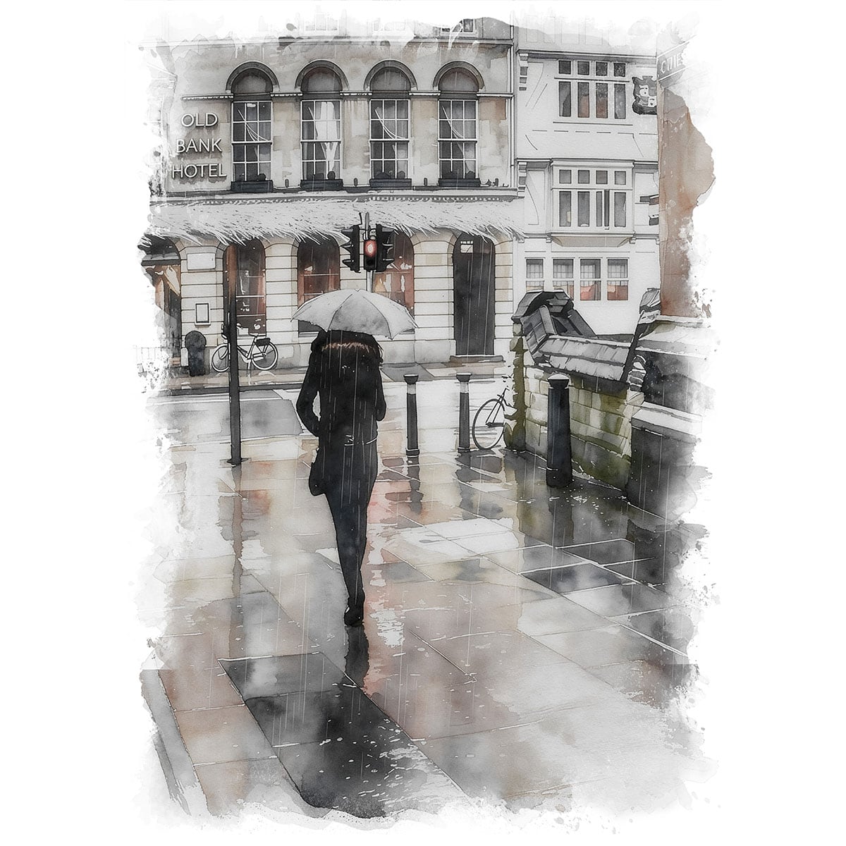 絵画 風景画(街並み) イギリス 雨のオックフォードを歩く人 インテリア