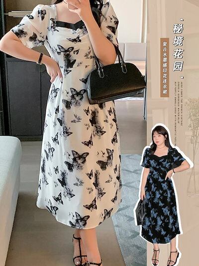 ぽちゃまに】 夏 蝶柄 ロングワンピース 大きいサイズ 体型カバー
