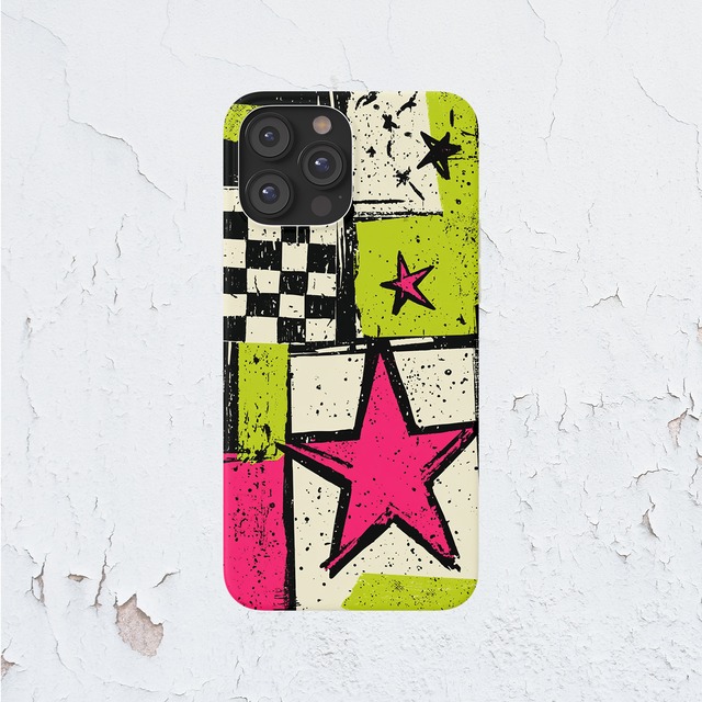 受注生産 iPhoneケース ピンク星とチェッカー柄の紙片コラージュ｜ZINE風 ZINE048B