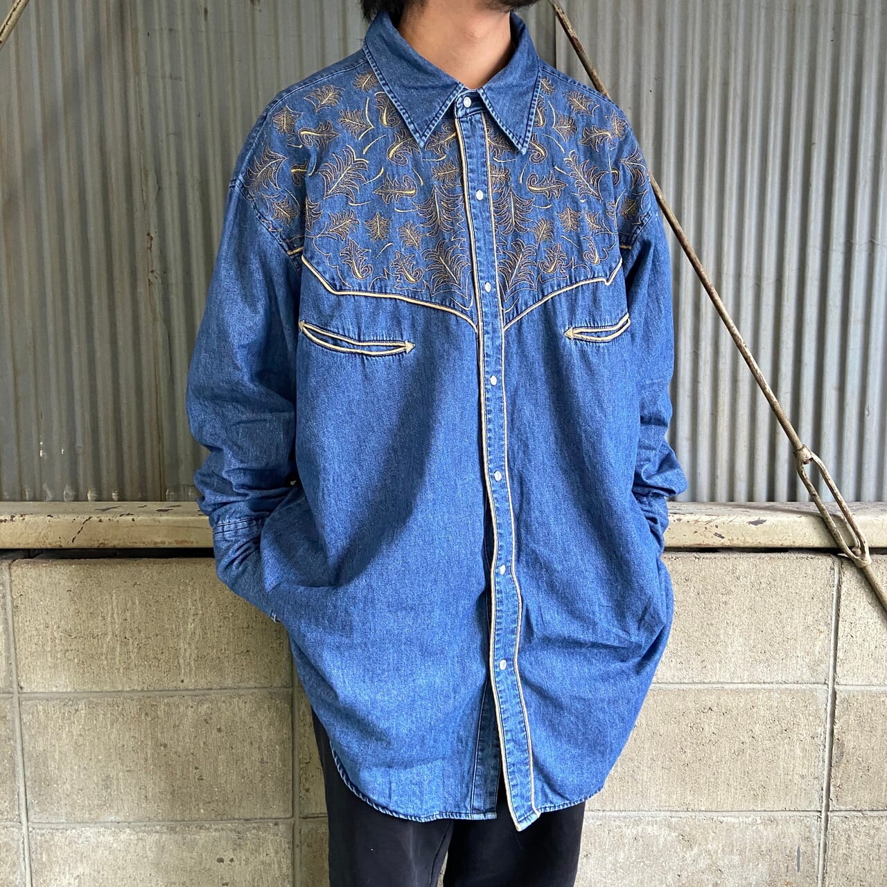 ビッグサイズ Alan Jackson 長袖 ボタニカル柄 刺繍 デニムウエスタン 