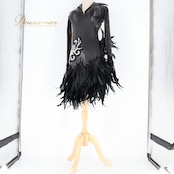 社交ダンス 衣装 ラテン ドレス ワンピース 黒 羽 デモ 競技 ダンス パーティ 発表会 襟 目立つ 個性的 特徴的 細身 ブラック系 コスチューム 豪華 レディース おしゃれ 目を引く 魅力的 派手