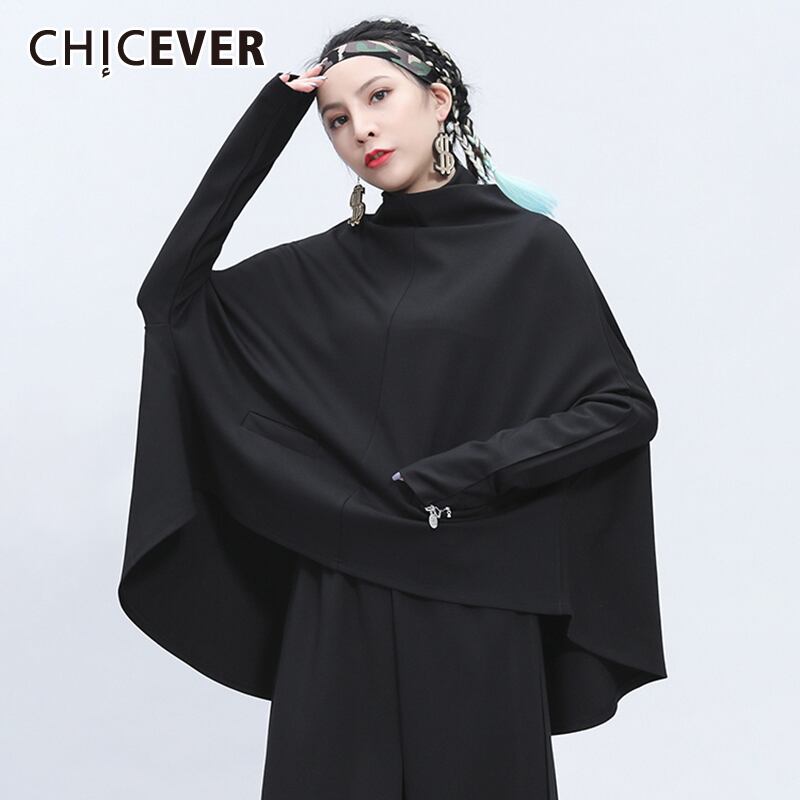 CHICEVER非対称スウェットシャツ女性スタンドカラーバットウィングスリーブパッチワークポケットBfガールスウェットシャツ2020スタイル 6base539586977466