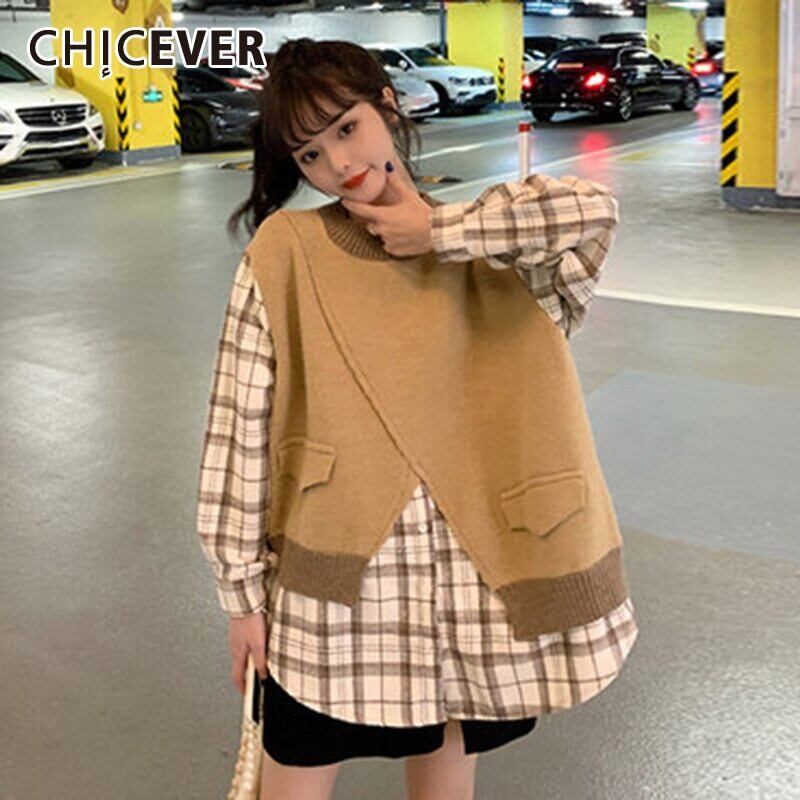 CHICEVERルーズパッチワークセーター女性Oネック長袖チェック柄ヴィンテージプルオーバー秋 ロング オータム 秋物 ビンテージ 6base547068072342