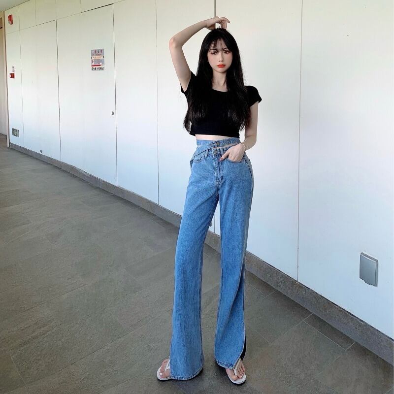 ジーンズ レディースサマー薄手ハイウェストウェストルーズワイドレッグパンツ 夏物 ワイドパンツ ブラックストロベリース3854918810