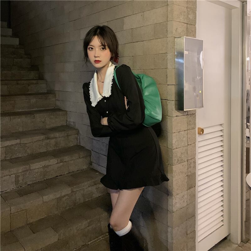 スタイルブラックドレス オータムカラースカート Aライン ロング 秋物 モンロー16377740995