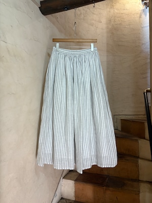 SOIL | 60S AUTO-LOOM COTTON LINEN STRIPE GATHERED SKIRT-off white navy stripe