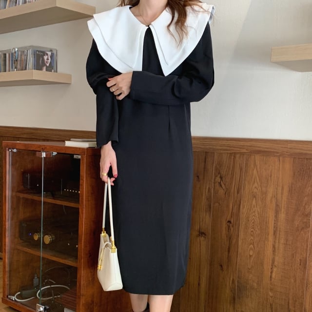 【予約販売】ワンピース レディース 襟 ビッグカラー タイト ブラック 黒 オフホワイト お呼ばれ 結婚式 ドレス きれいめ ワンピ 大人可愛い エレガント おしゃれ こなれ感 韓国 フリー