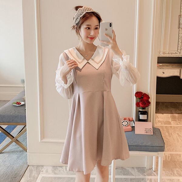 【新作】【送料無料】 マタニティウェア2020秋と冬の新しいシフォンステッチ人形の襟の看護ドレス、トレンディなママミドルレングス産後の看護ドレス-アリババ オータム 秋物 ウィンター 冬物 expec231095812100