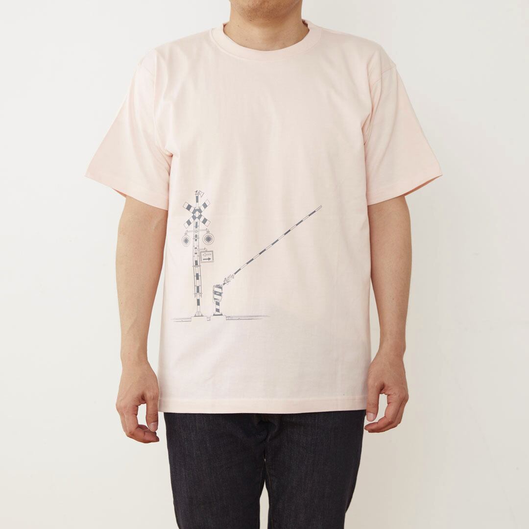 鉄道Tシャツ｜踏切 （ Baby Pink × Dark Gray ） 鉄道グッズ ピンク
