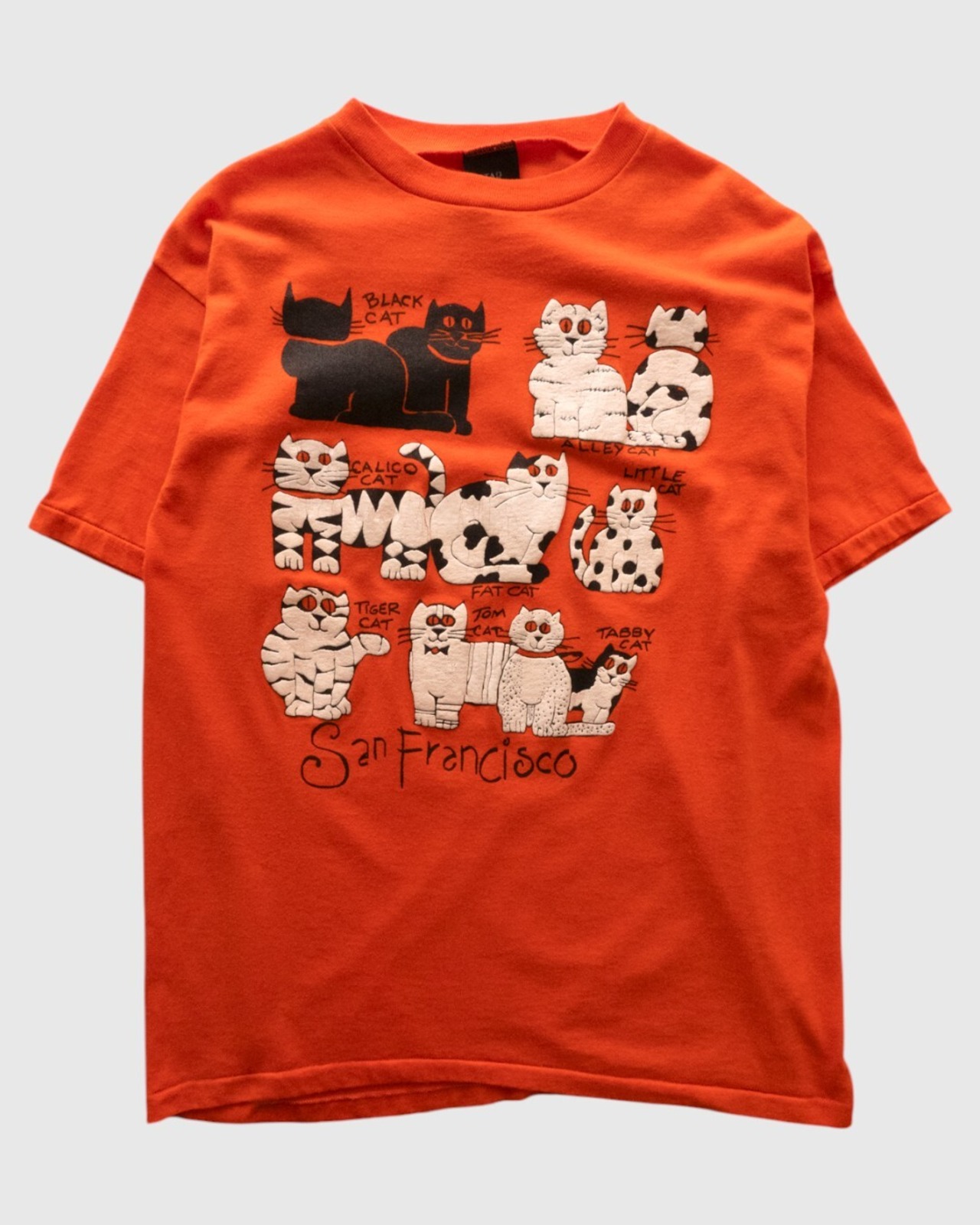 【古着】90’ｓSan Francisco土産 ねこ沢山発泡プリント オレンジT - 6