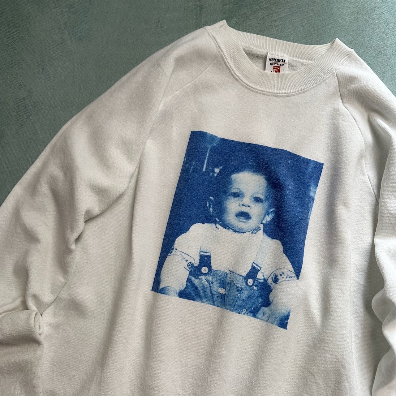 80s USA製 who? フォトプリント ラグラン スウェット トレーナー ホワイト 古着