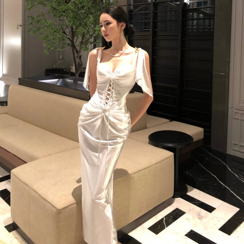 ロングドレス キャバドレス セクシー フレンチ サテン バックレス キャミソール カットアウト プリーツ パーティー JC2-CD6-141-93210650