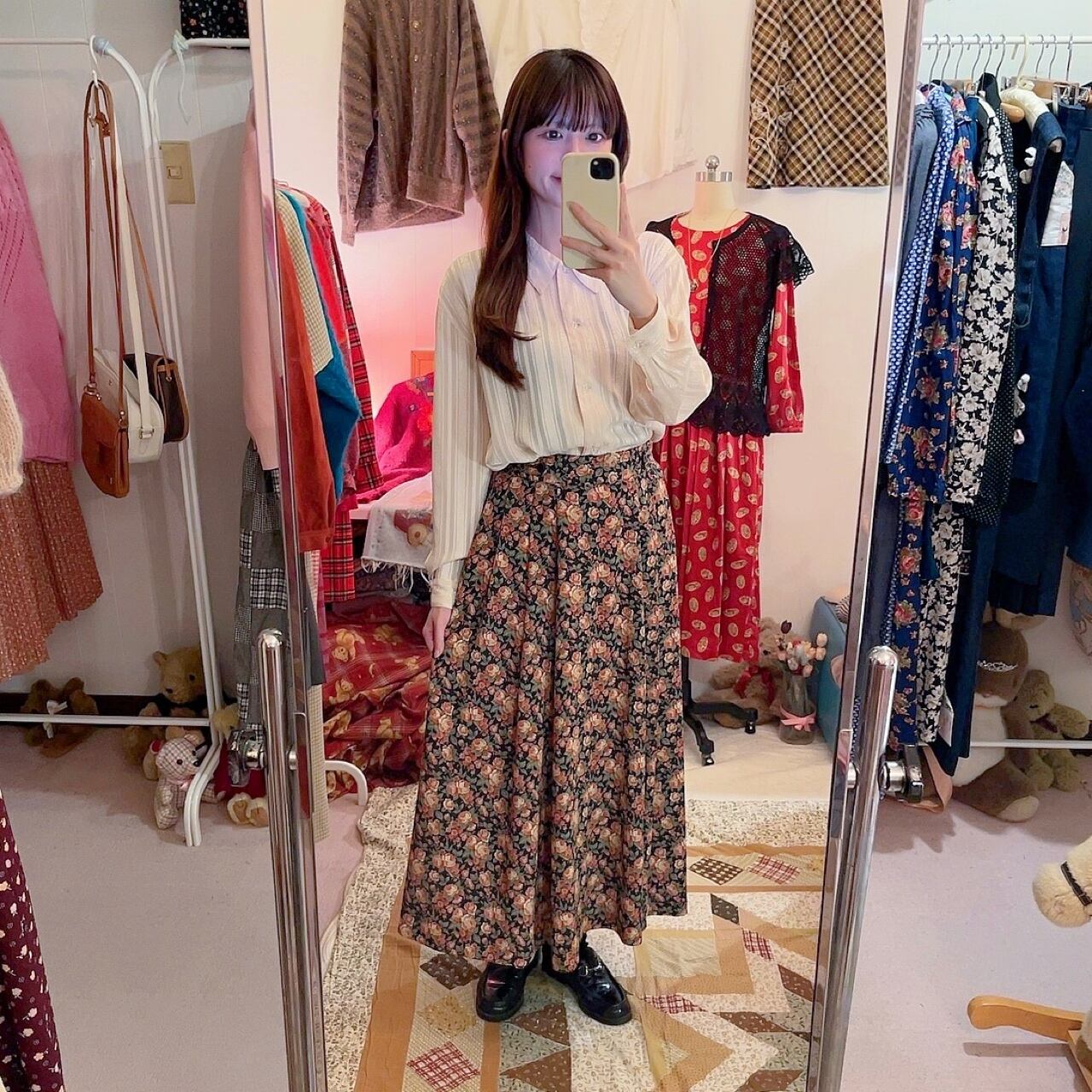 waist ribbon rose tuck flare skirt