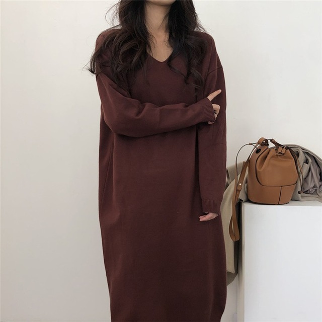 おしゃれに体型カバーが叶う ゆったりする カジュアル 長袖 ニット ワンピース 秋 冬 中・長セクション