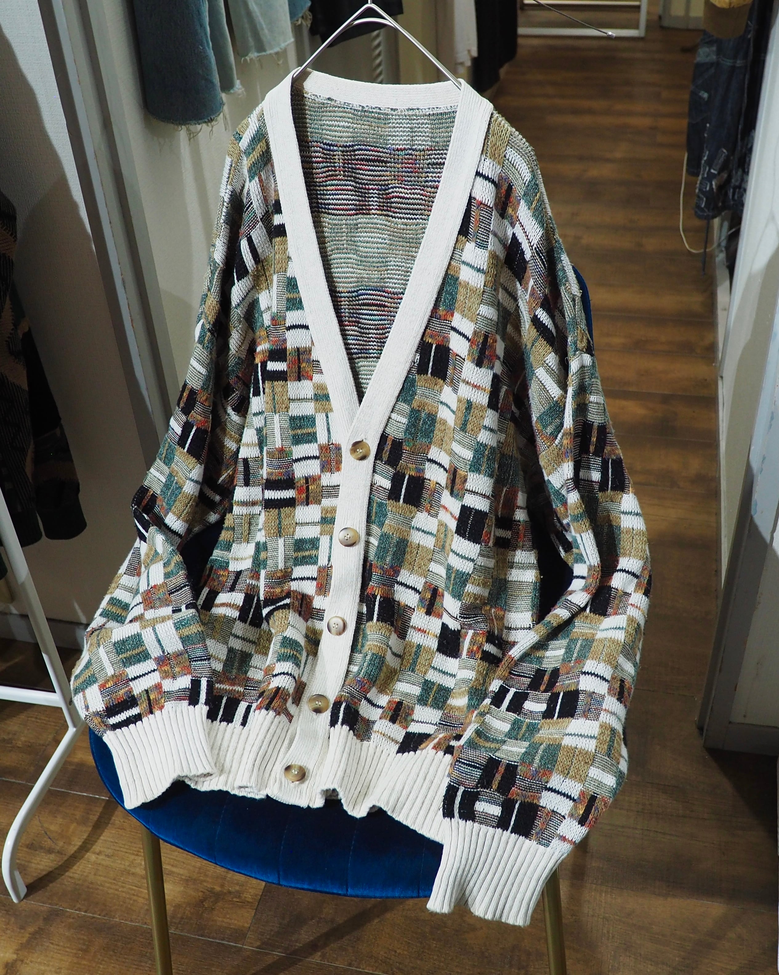 1990s Multi Color Block Weaving Vintage Loose Knit Cardigan