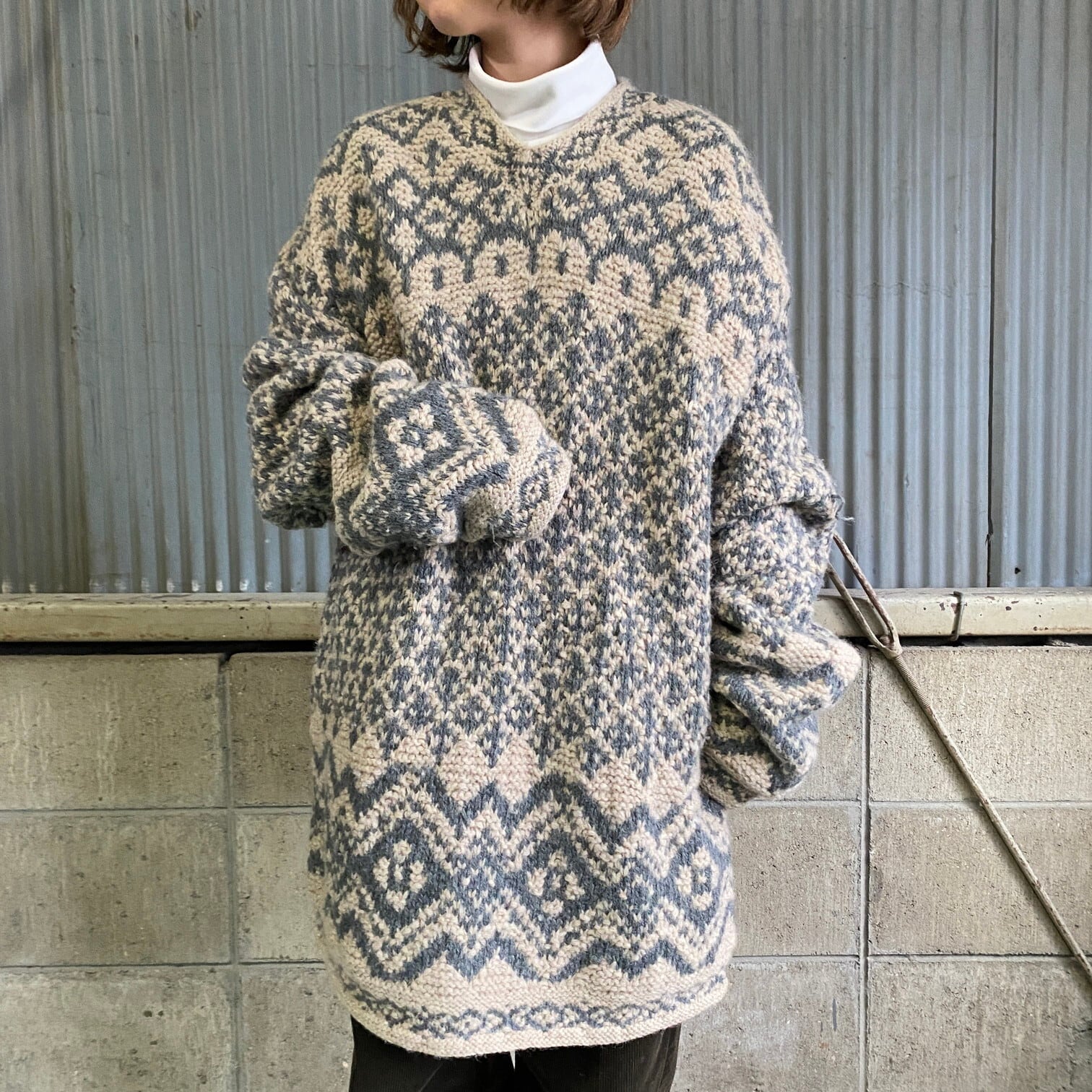 DAVIS＆SQUIRE 総柄 HAND KNIT ウールニットセーター メンズL 古着